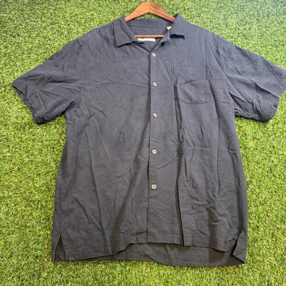 Tommy Bahama Mens Large Black 100% Silk Jacquard Tropical Leaf Camp Shirt L